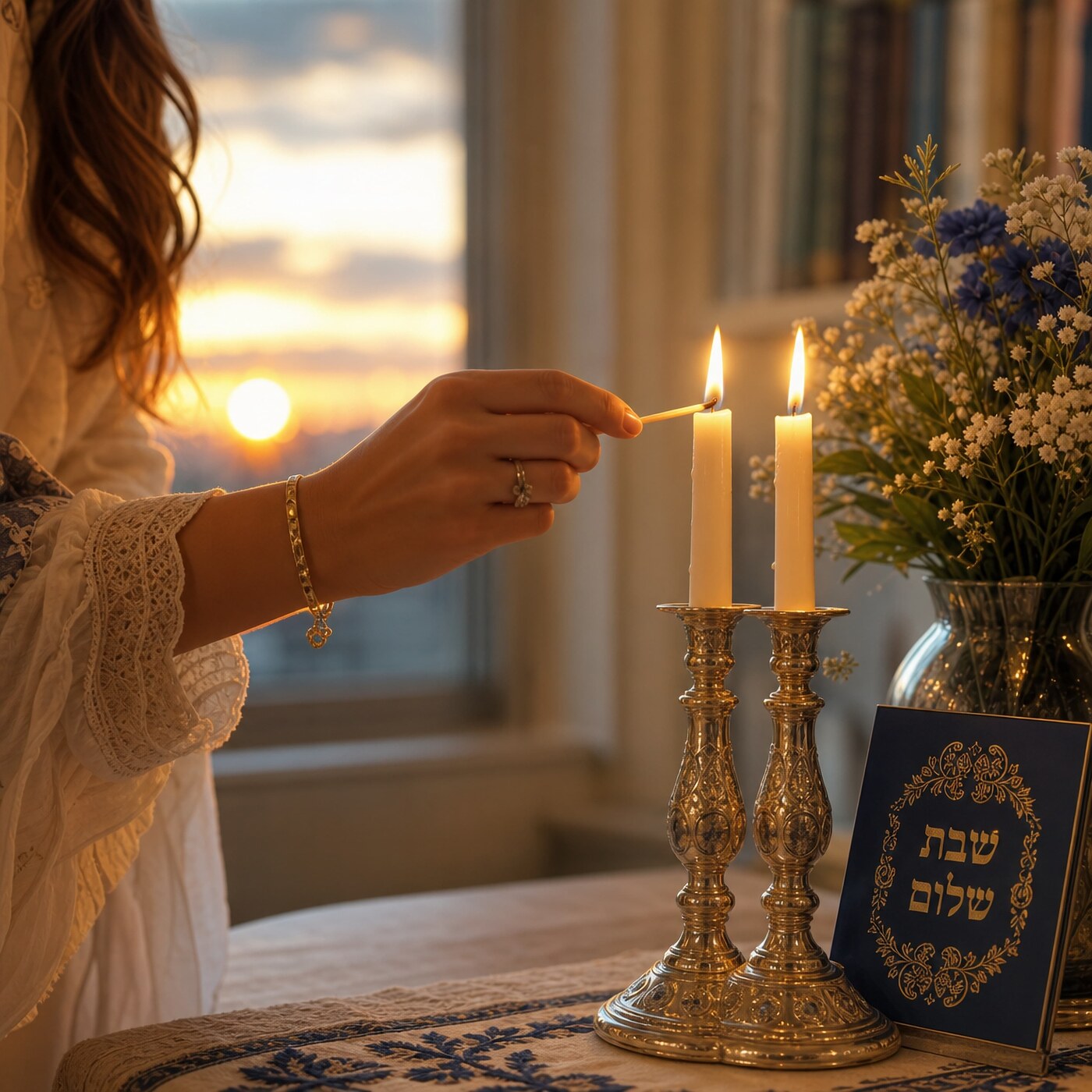 Woman lighting Shabbat candles